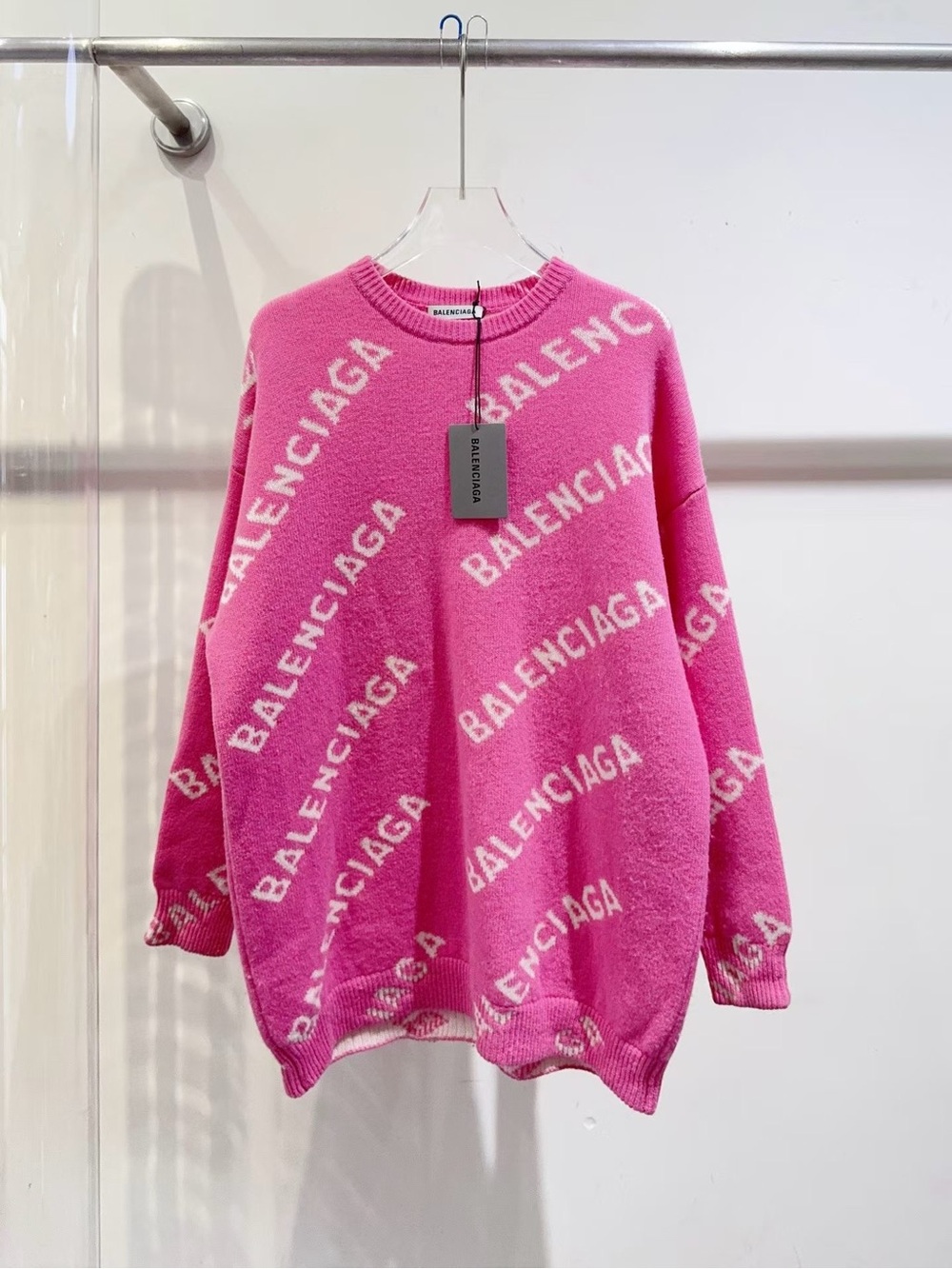 Balenciaga Pink Logo-Print Oversized Crewneck Sweater